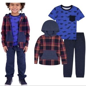 Boys Outfit NEW Pants Dinosaur T-shirt Plaid hooded Flannel Andy & Evan 3 pieces